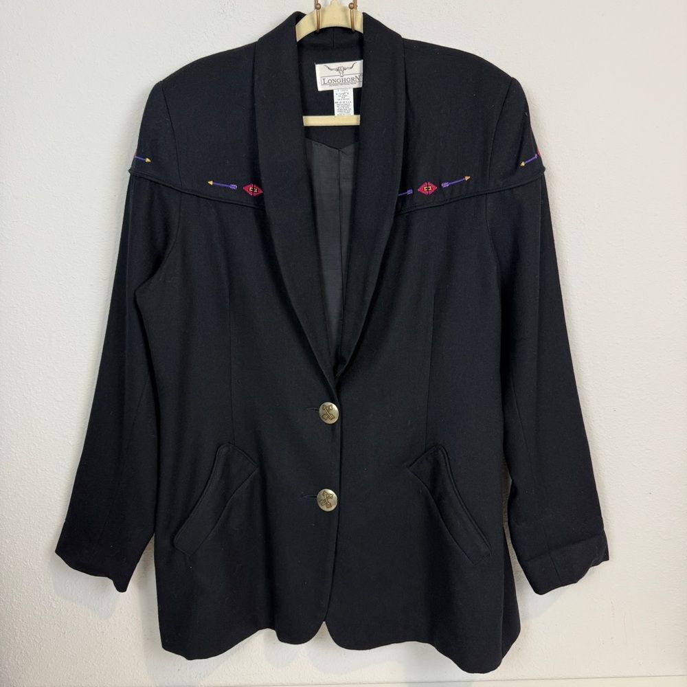 Vintage Longhorn Western Wear Black Wool Embroidered Southwestern Blazer XL